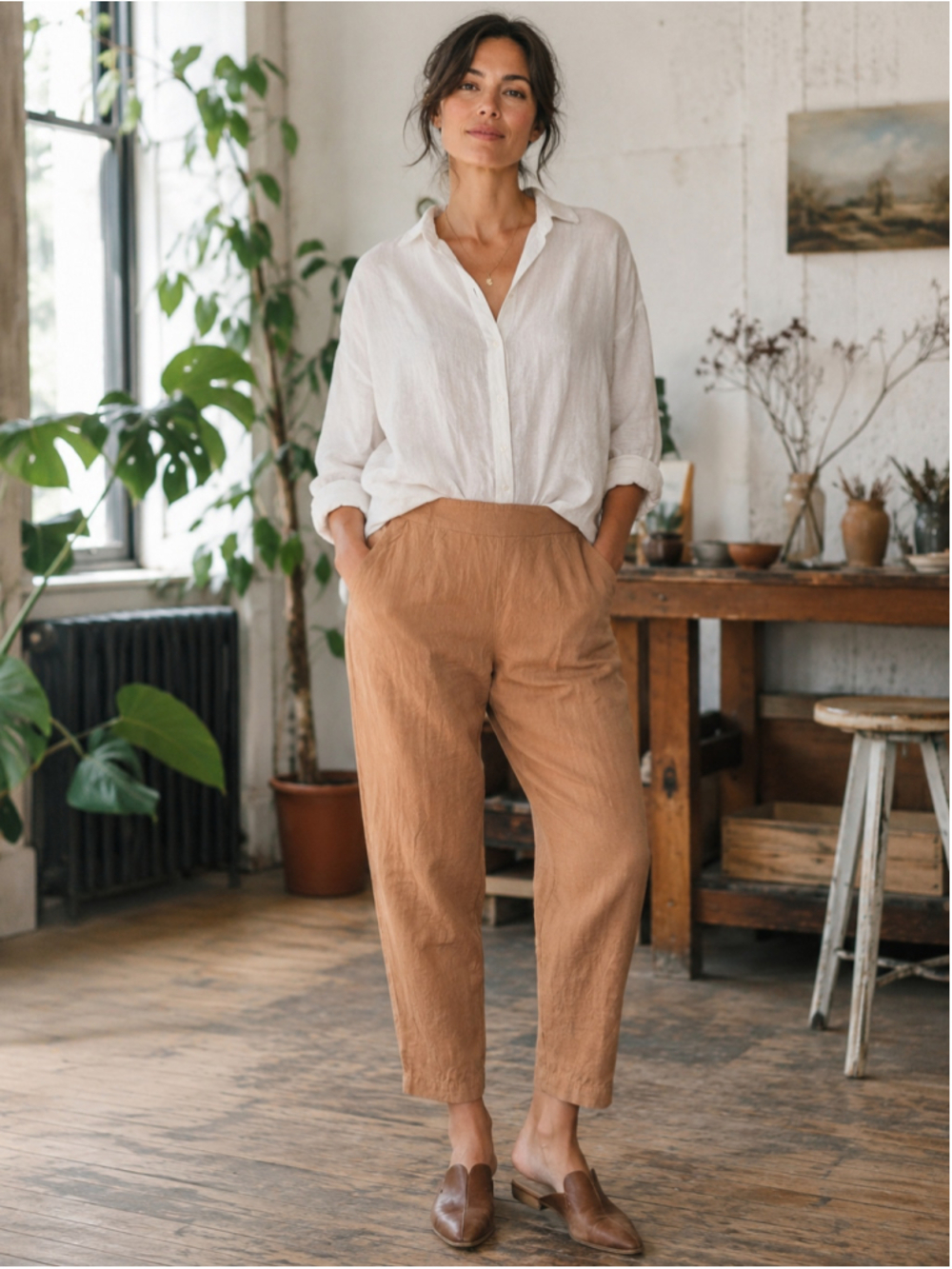 Eve Gravel Pants Women M 100% Linen Tapered Lagenlook Slow Fashion Neutral Tan